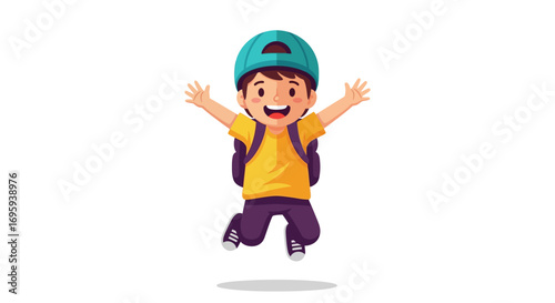 Cheerful young boy with backpack jumping in the air, smiling, with arms raised in excitement.