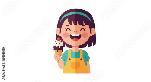 A cartoon girl with ice cream, smiling and laughing happily.