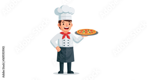 Smiling cartoon chef proudly presents a freshly baked pizza on a serving tray.