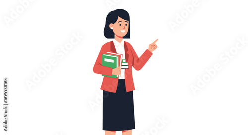 A cartoon woman in a business suit, holding books, points to the right.