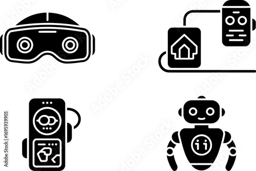 Futuristic technology icons: VR headset, smart home, robot, and device interface