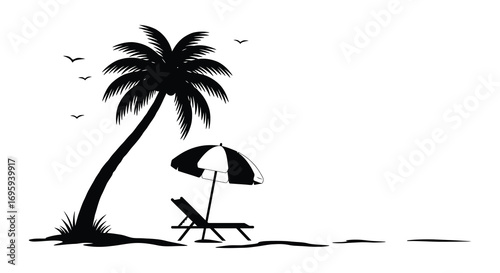 a serene beach scene with palm tree umbrella chair and birds