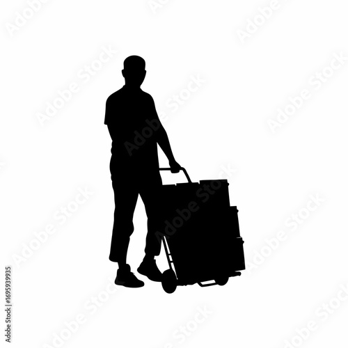 Silhouette of a man pushing a handcart with goods in a market