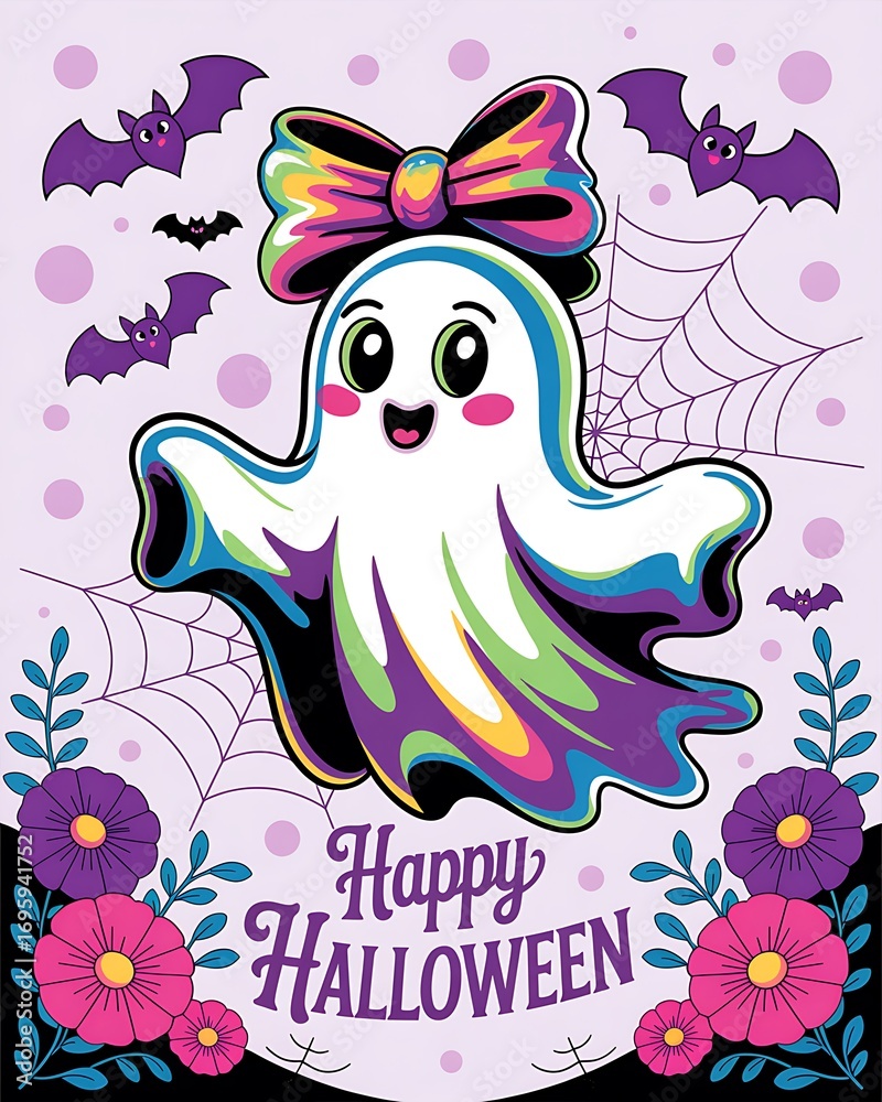 Obraz premium Halloween ghost with bow and bats