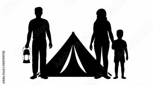 Silhouette of family camping with tent and lantern showing outdoor adventure and togetherness in nature scene