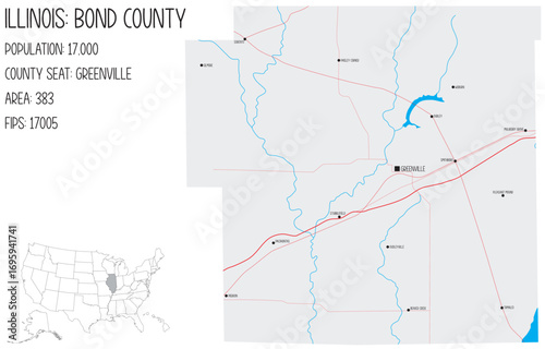 Large and detailed map of Bond County in Illinois, USA.