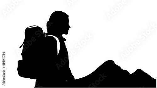 Silhouette of a person with a backpack standing in front of mountains in a black and white image