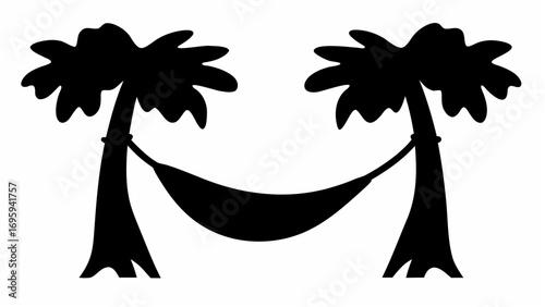Silhouette of a hammock strung between two palm trees against a white background in a simple design