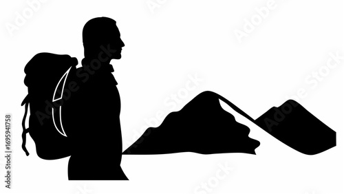 Silhouette of a hiker with a backpack standing in front of a mountain range landscape in black and white