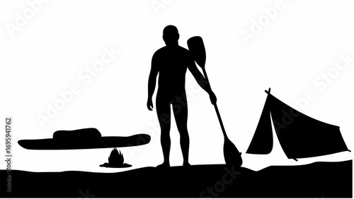 Silhouette of a man with paddleboard and paddle standing near a tent on the beach in monochrome style