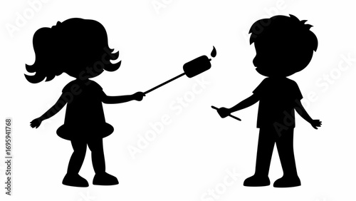 Girl roasting marshmallow and boy holding stick in silhouette against white background illustration image