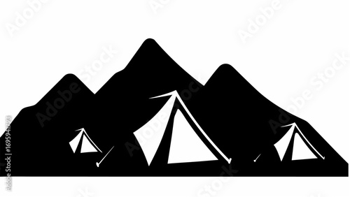 Black and white illustration of three tents nestled against a backdrop of silhouetted mountains peaks view
