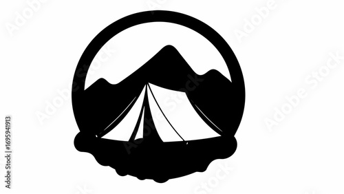 An oval frame containing a mountain range and a tent in black and white minimalist camping scene design silhouette