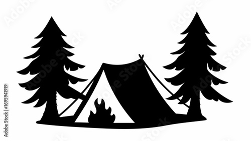 Silhouette of a camping scene with a tent and a campfire between two pine trees in a black and white design