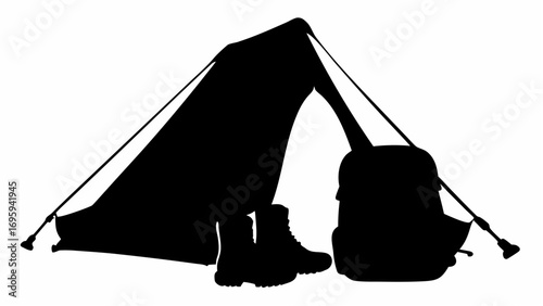 A silhouette of a camping scene featuring a tent backpack and boots against a white background outdoors