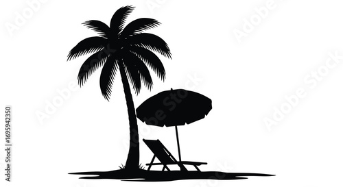 a serene beach scene with palm tree umbrella and lounge chair