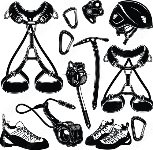 Rock climbing gear vector, mountaineering equipment set, black silhouette illustration, harness