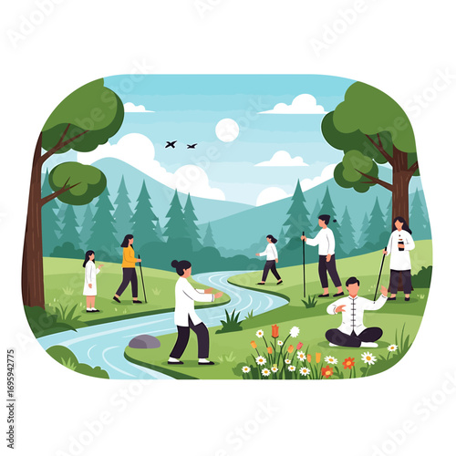 Diverse group practicing Tai Chi and Nordic walking in a serene natural park illustration.