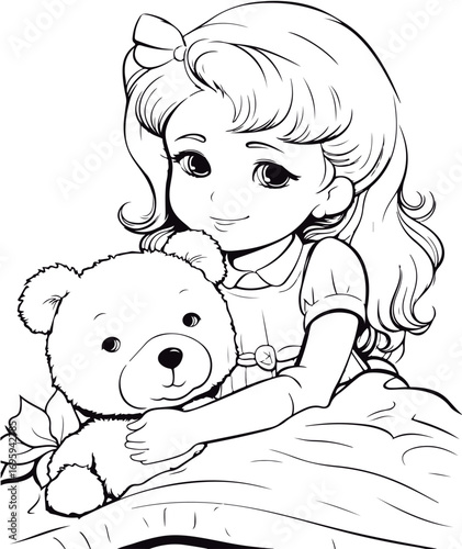 Coloring book for children baby  girl with teddy bear vector illustration isolated on a white background.