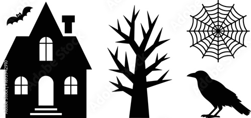 Spooky Halloween silhouettes of a haunted house, bare tree, crow, and bat