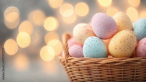 Pastel Easter Eggs in a Wicker Basket Surrounded by Soft Bokeh Lights for a Spring Celebration.