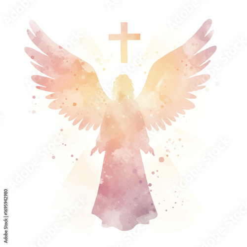 Watercolor angel with cross radiates divine light, representing faith, hope, and spiritual guidance