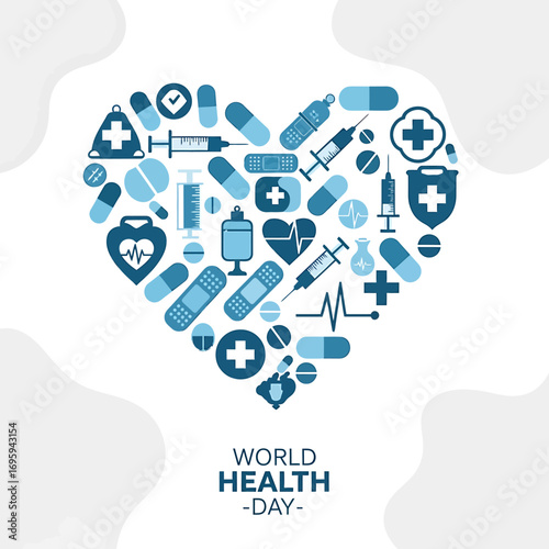 Heart-shaped arrangement of blue medical icons for health and wellness.