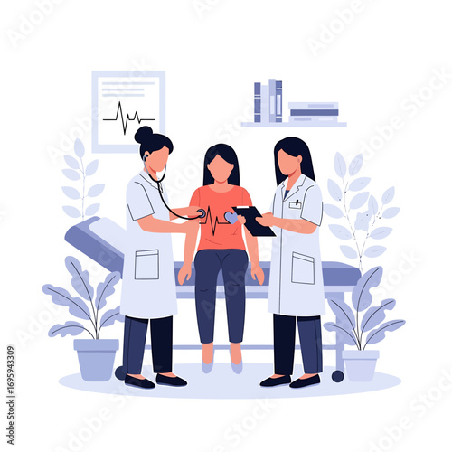 Medical Examination - Two Doctors Examining a Patients Chest with Stethoscope and Clipboard.