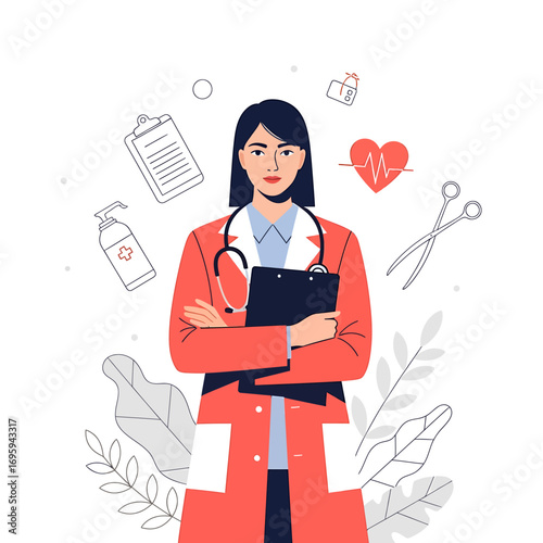 Professional Female Doctor with Stethoscope and Clipboard.