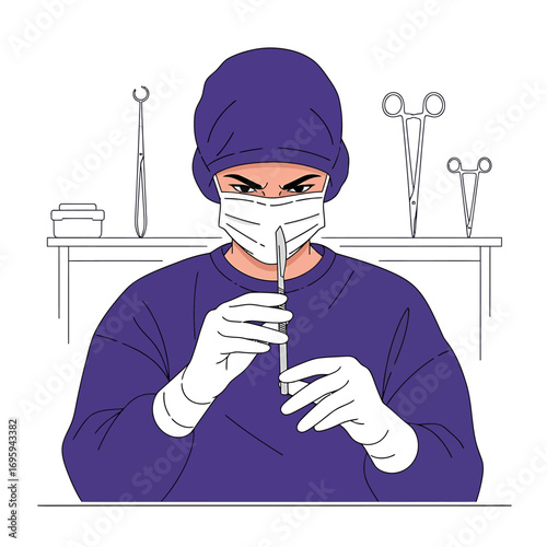 Surgeon in scrubs and mask holding a syringe, focused expression.