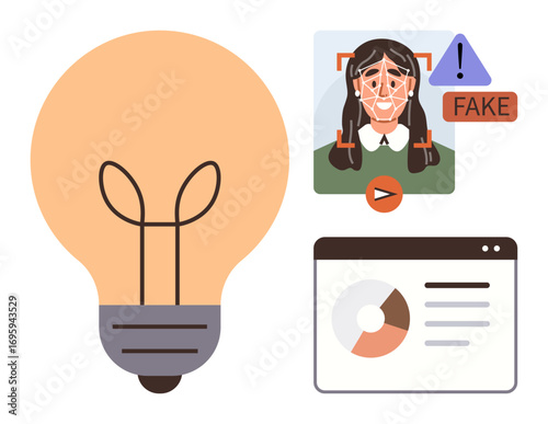 Lightbulb symbolizing innovation, face scan with fake content alert, browser window with pie chart analytics. Ideal for AI, innovation, data analysis, cybersecurity, awareness, tech ethics simple