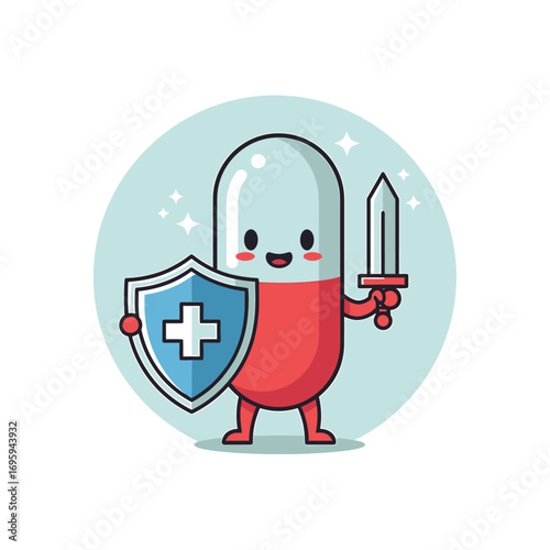 Cartoon Pill Character Holding Shield and Sword, Ready for Battle, Smiling.
