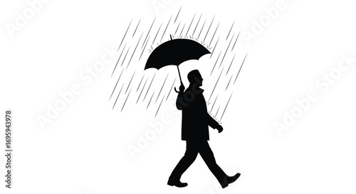 a man walking in rain holding umbrella silhouette