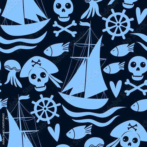 Vector seamless pattern with skeleton pirates in the sea