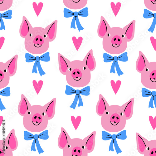 Vector seamless pattern with funny pigs in bow ties