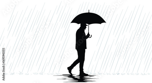 a silhouette of person walking with umbrella under rain