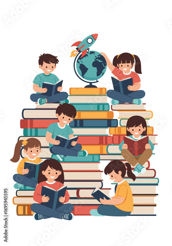 Children eagerly reading books atop a colorful stack, igniting imagination with a globe and rocket