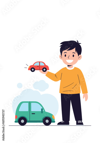 Joyful boy holding toy car, dreaming of adventure with real car nearby