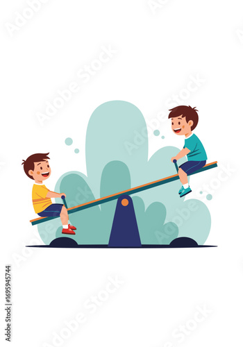 Joyful kids on a seesaw sharing laughter and outdoor fun in a playful park setting