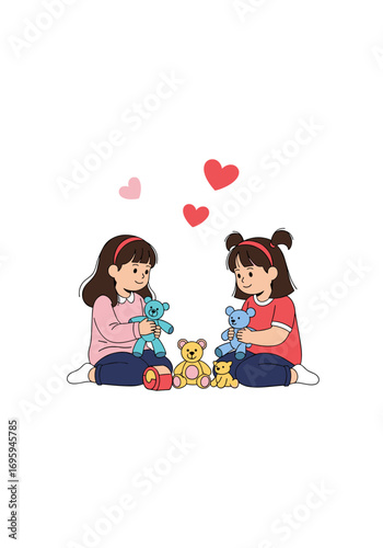 Two adorable young girls sharing toys and teddy bears in a heartwarming scene of childhood joy