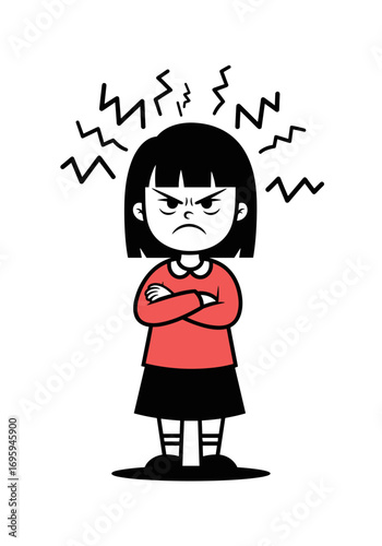 Frustrated child with arms crossed showing anger and frustration in cartoon style
