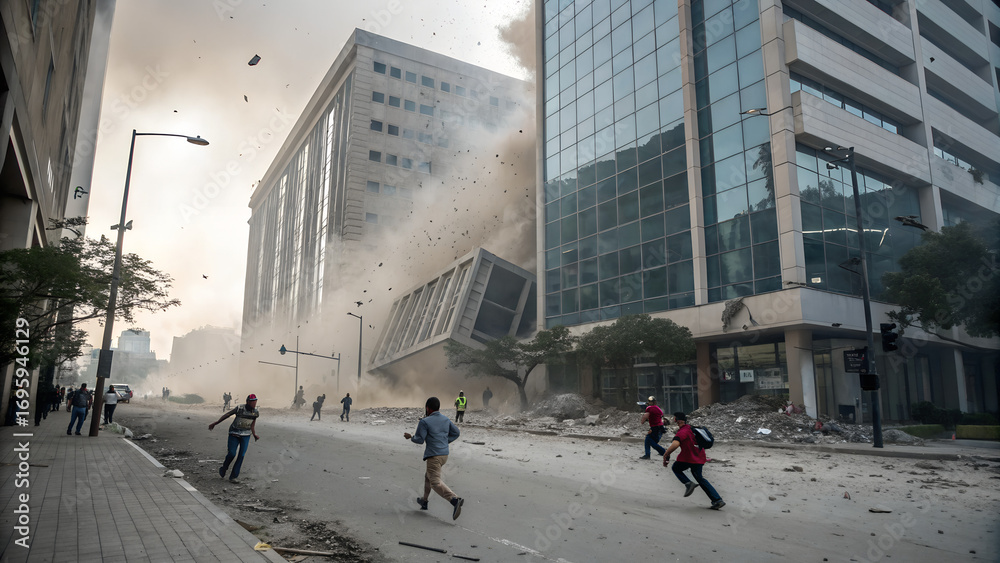 Obraz premium Earthquake hitting city center with tall building collapsing and people running in panic through debris and smoke — chaotic urban catastrophe moment ideal for editorial, awareness and disaster relief