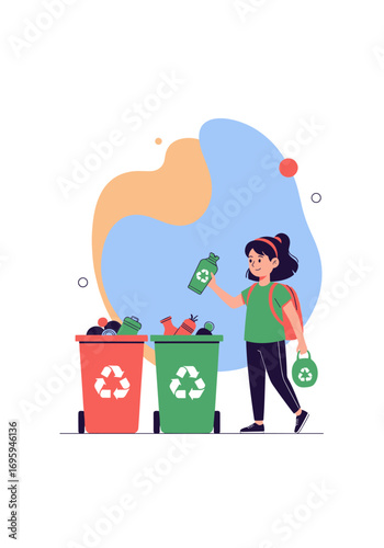 Young girl actively sorts recyclables into colorful bins, promoting environmental responsibility and sustainability.