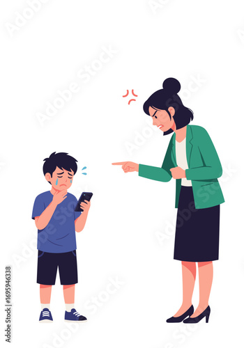 Angry mother scolds crying child for phone use, depicting parenting challenges and digital discipline