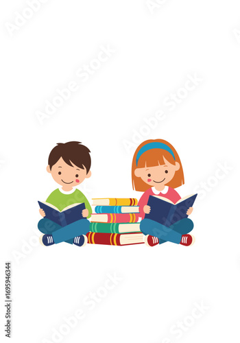 Joyful children engrossed in reading books, surrounded by imagination and learning.