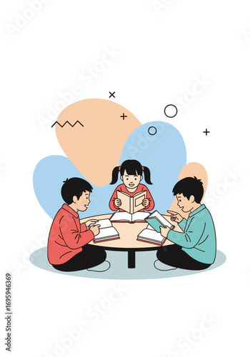 Children happily reading books together around a table, fostering imagination and learning