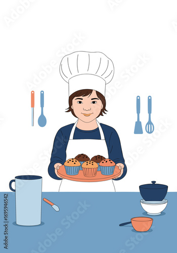 Young chef proudly presents freshly baked chocolate chip muffins in a bright, modern kitchen setting