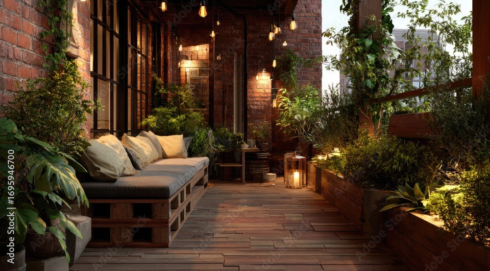 Obraz premium Urban balcony at dusk, filled with plants and light