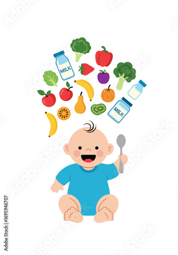 Joyful baby ready for nutritious food with fresh fruits and milk bottles floating above