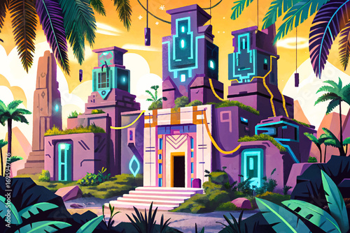 Cyberpunk futuristic jungle ruins glowing neon symbols, surreal sci-fi wilderness, dystopian retro fantasy